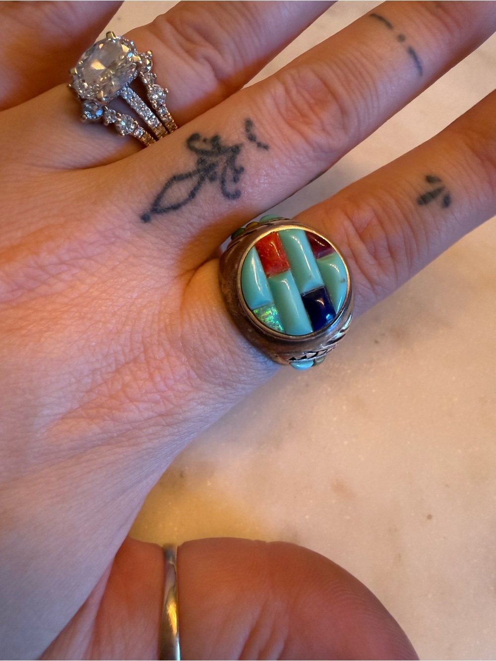 Sterling Silver Inlay Statement Ring with Turquoise, Coral, Lapis, lazuli, opal